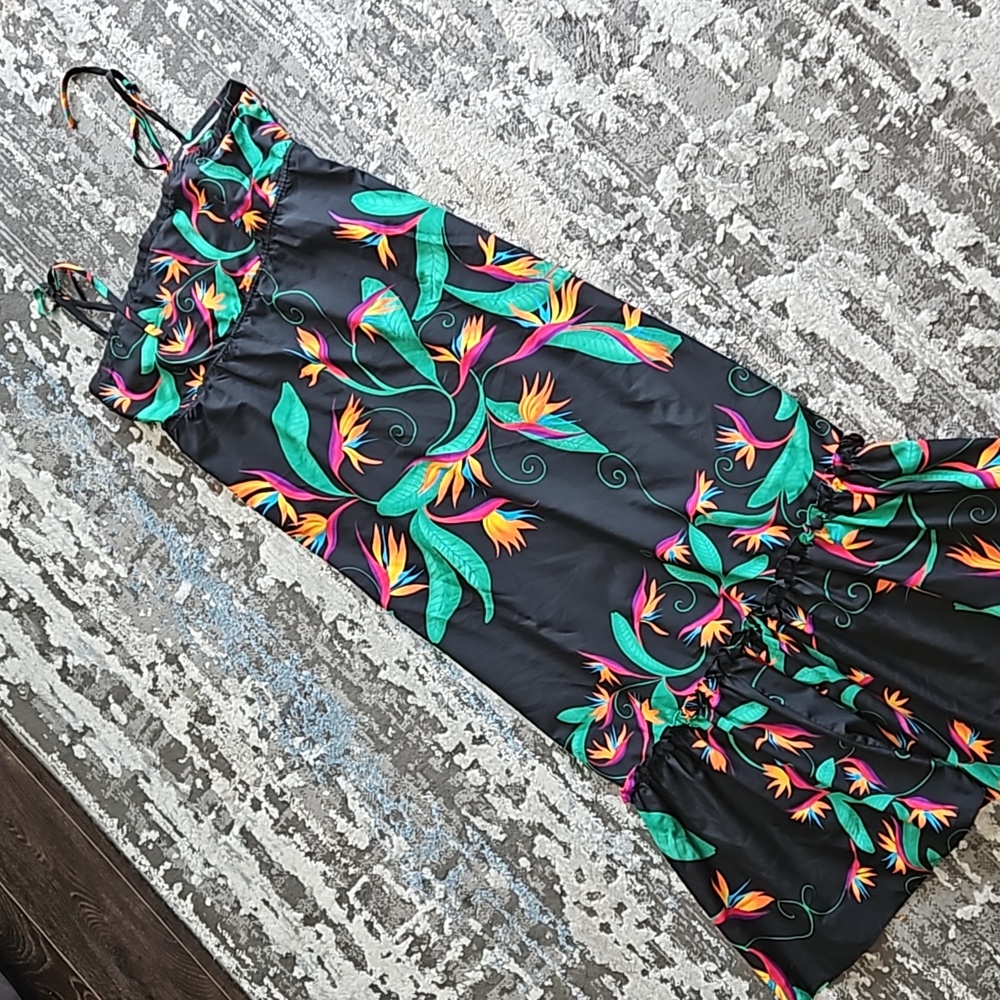 Hilo Hattie's Hawaii vintage floral peplum detail tie sleeve maxi dress
